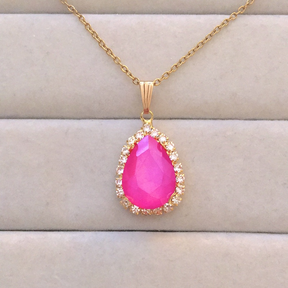 Hot Pink + Gold Crystal Halo Pear Drop Pendant Necklace - Picture 9 of 12